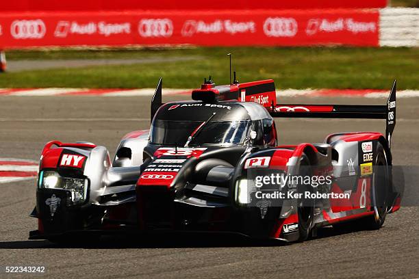 The Audi Sport Team Joest R18 of Lucas di Grassi, Loic Duval and Oliver Jarvis drives during the FIA World Endurance Championship Six Hours of...