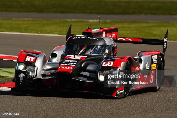 The Audi Sport Team Joest R18 of Lucas di Grassi, Loic Duval and Oliver Jarvis drives during the FIA World Endurance Championship Six Hours of...