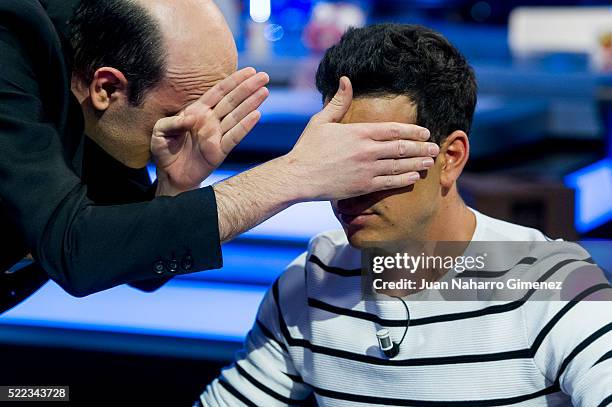 Mario Casas attends 'El Hormiguero' Tv Show at Vertice Studio on April 18, 2016 in Madrid, Spain.