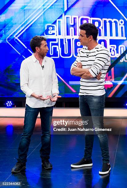 Pablo Motos and Mario Casas attend 'El Hormiguero' Tv Show at Vertice Studio on April 18, 2016 in Madrid, Spain.