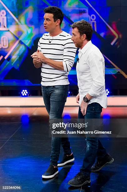 Pablo Motos and Mario Casas attend 'El Hormiguero' Tv Show at Vertice Studio on April 18, 2016 in Madrid, Spain.