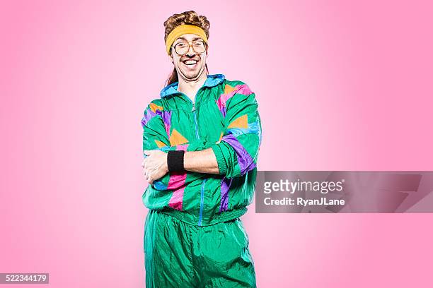 mullet man with eighties fashion style - mullet haircut stock pictures, royalty-free photos & images