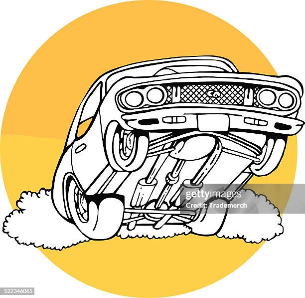 illustrazioni stock, clip art, cartoni animati e icone di tendenza di trascini macchina vivi un'impennata al sole - drag car