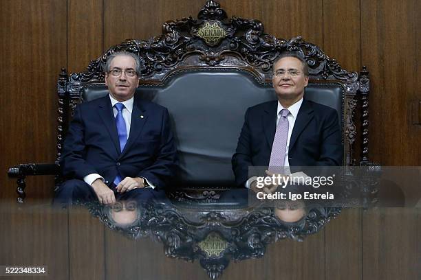 President of the Chamber of Deputies, Eduardo Cunha meets with President of the Senate Renan Calheiros April 18, 2016 in Brasilia, Brazil. The lower...