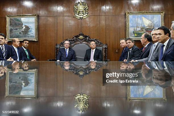 President of the Chamber of Deputies, Eduardo Cunha meets with President of the Senate Renan Calheiros April 18, 2016 in Brasilia, Brazil. The lower...