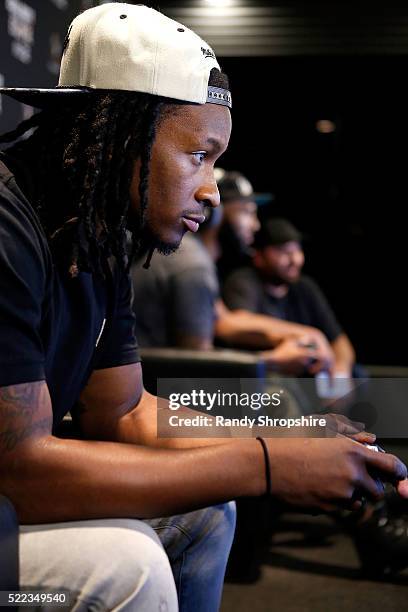 Los Angeles Rams running back Todd Gurley goes head-to-head against New York Jets running back Matt Forte in Call Of Duty: Black Ops3 to celebrate...