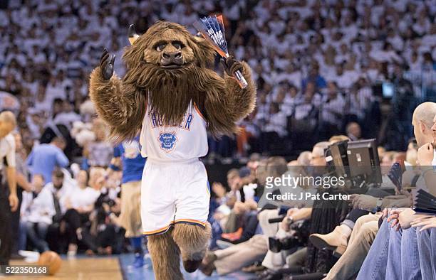 Rumble the Oklahoma City mascot tries to get the crowd excited as they play the Dallas Mavericks during the first half of Game Two of the Western...