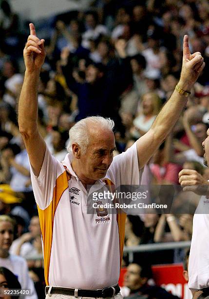 Lindsay Gaze coach of the Tigers celebrates during the NBL Elimination Final between the Melbourne Tigers and the Perth Wildcats at the State Netball...