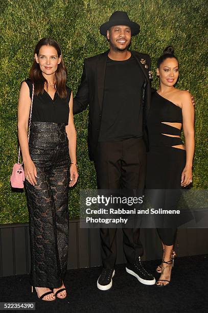 Katie Holmes, Carmelo Anthony and La La Anthony attend 11th Annual Chanel Tribeca Film Festival Artists Dinner at Balthazar on April 18, 2016 in New...