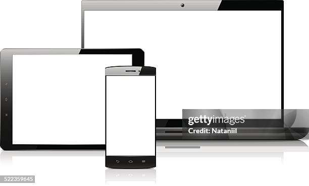 smart phone, tablet and laptop with blank screens - computer blank screen stock illustrations