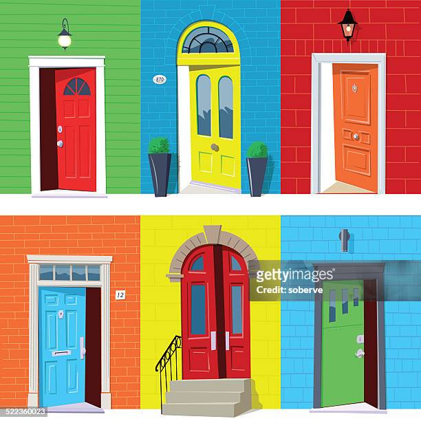 illustrazioni stock, clip art, cartoni animati e icone di tendenza di aprire porte anteriori - vano della porta