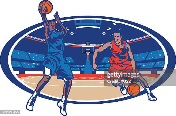 ilustraciones, imágenes clip art, dibujos animados e iconos de stock de basketball arena matchup - cancha de baloncesto