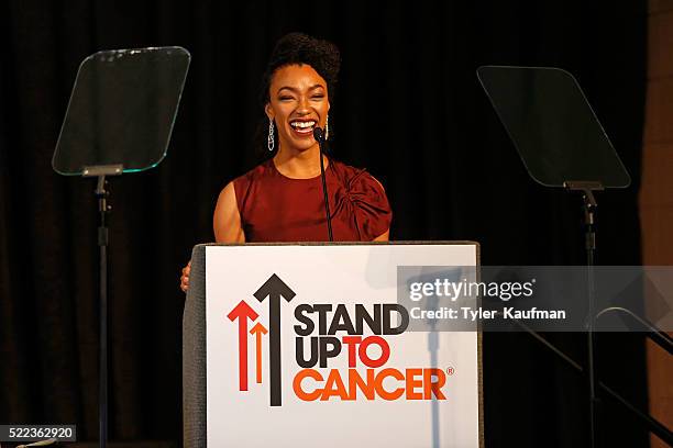 Sonequa Martin-Green speaks at the Stand Up To Cancer Press Conference at the 2016 American Association for Cancer Research Annual Meeting at Ernest...