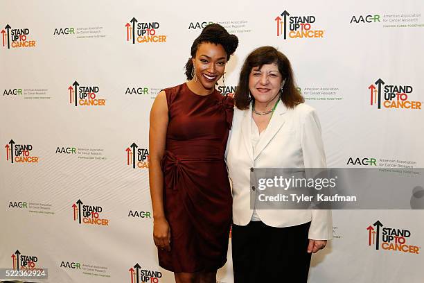 Sonequa Martin-Green and Margaret Foti, PhD, MD and AACR CEO attend the Stand Up To Cancer Press Conference at the 2016 American Association for...