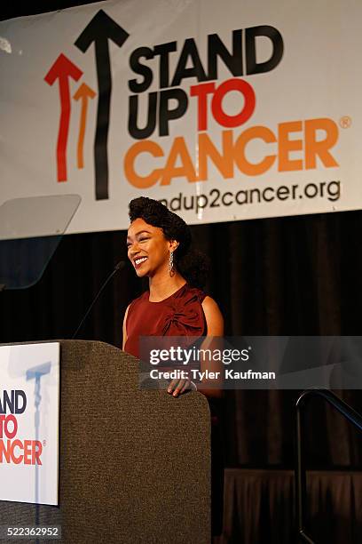 Sonequa Martin-Green speaks at the Stand Up To Cancer Press Conference at the 2016 American Association for Cancer Research Annual Meeting at Ernest...