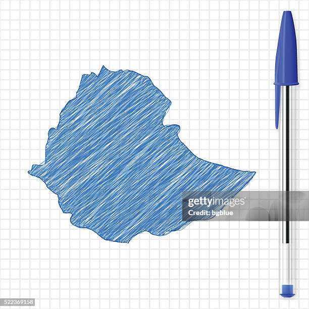 ethiopia map sketch on grid paper, blue pen - ethiopia map stock illustrations