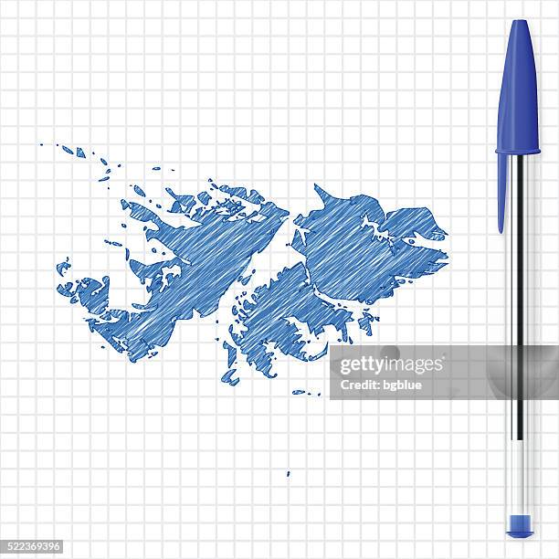 falkland islands map sketch on grid paper, blue pen - falkland islands stock illustrations