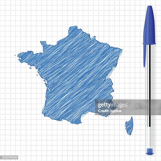 ilustrações, clipart, desenhos animados e ícones de frança mapa em grade, desenho em papel azul caneta - ballpoint pen