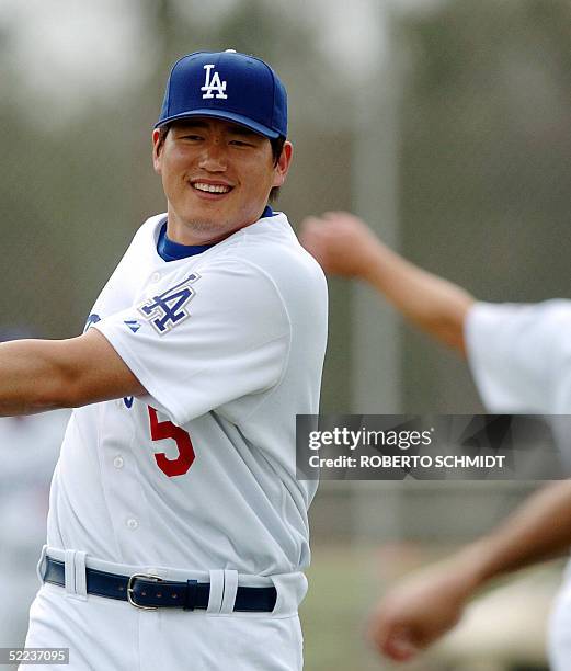 Los Angeles Dodgers Infielder Hee-Seop Choi of South Korea stretches before a practice session at their Spring Training center in Vero Beach,...