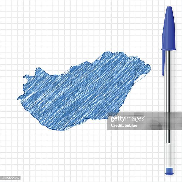 hungary map sketch on grid paper, blue pen - budapest stock illustrations