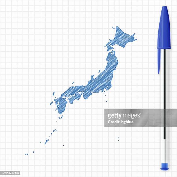japan map sketch on grid paper, blue pen - sea of japan or east sea stock illustrations