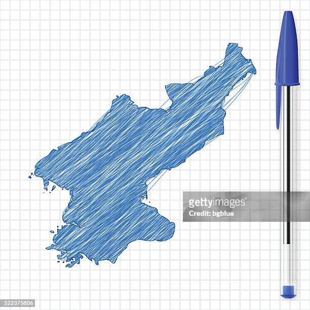 korea norden karte skizze auf raster, blauen stift und papier - north korea stock-grafiken, -clipart, -cartoons und -symbole
