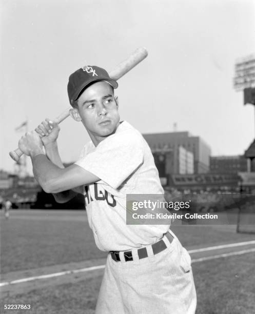 Shortstop Luis Aparicio of the Chicago White Sox poses for an action portrait before a 1956 season game against the New York Yankees at Yankee...