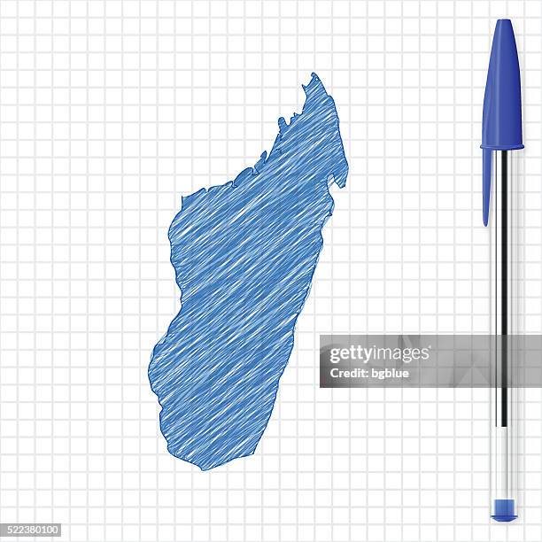 madagascar map sketch on grid paper, blue pen - antananarivo stock illustrations