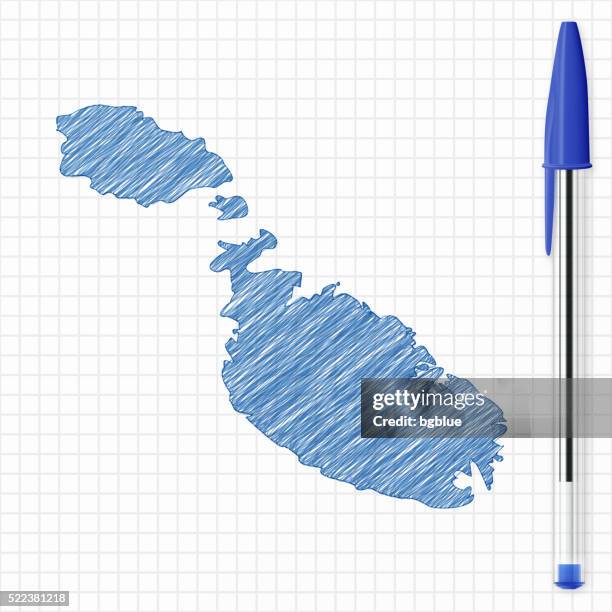 malta map sketch on grid paper, blue pen - malta stock illustrations