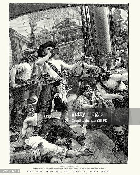 pirates looting a ship they have captured - rum stock illustrations