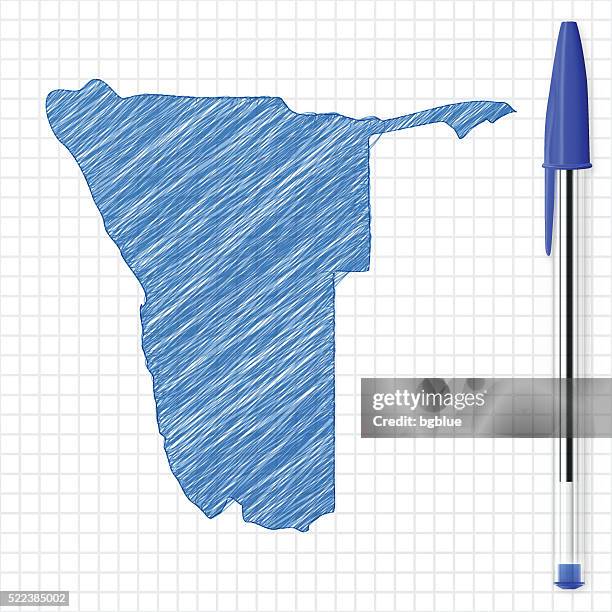 namibia map sketch on grid paper, blue pen - windhoek namibia stock illustrations