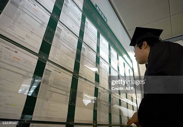 South Korean university graduate looks at a board of job information at a university in Seoul, 25 February 2005. South Korea's unemployment rate rose...