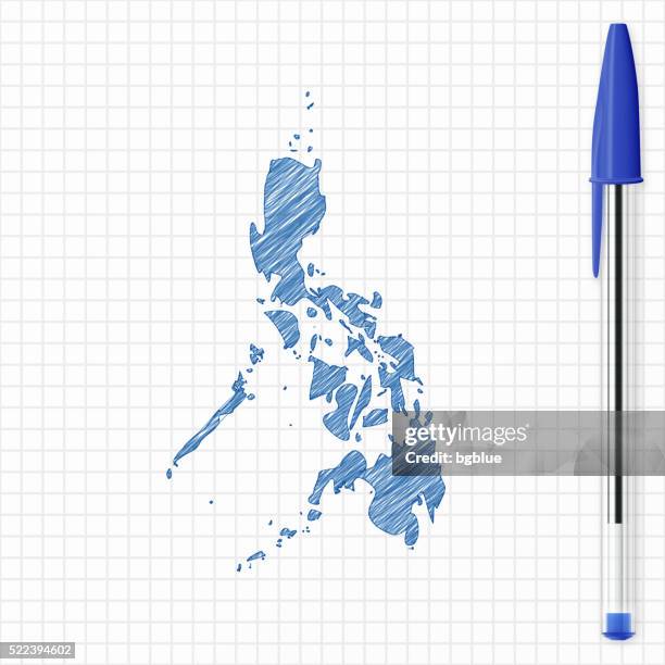 philippines map sketch on grid paper, blue pen - philippine map drawing stock illustrations