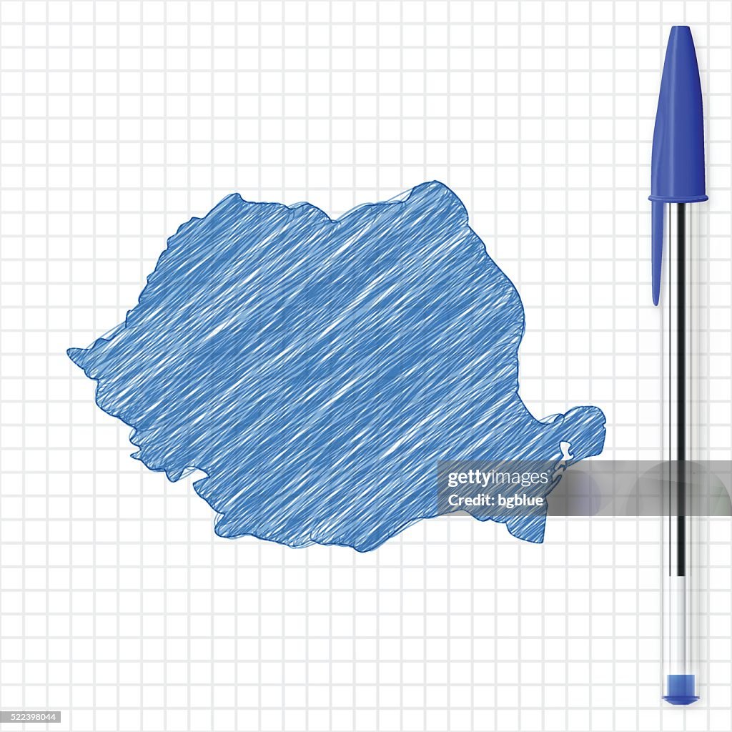 Romania map sketch on grid paper, blue pen