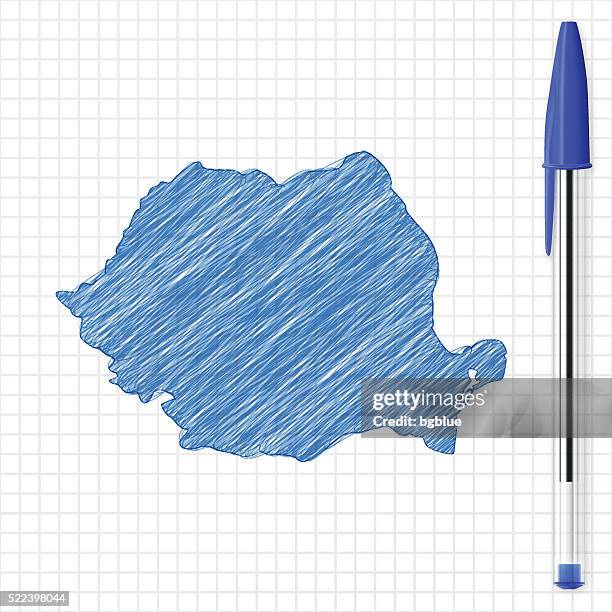 romania map sketch on grid paper, blue pen - bucharest map stock illustrations