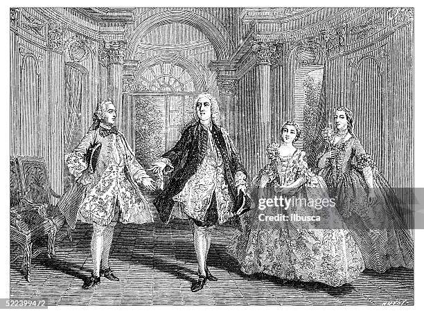 antique illustration of 18th century french actors performing on stage - wig stock illustrations
