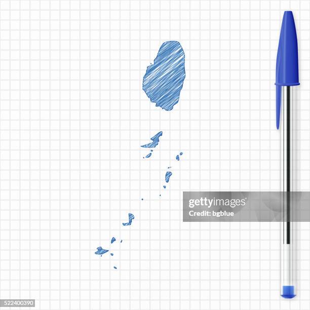 saint vincent and grenadines map sketch, grid paper, blue pen - mustique stock illustrations