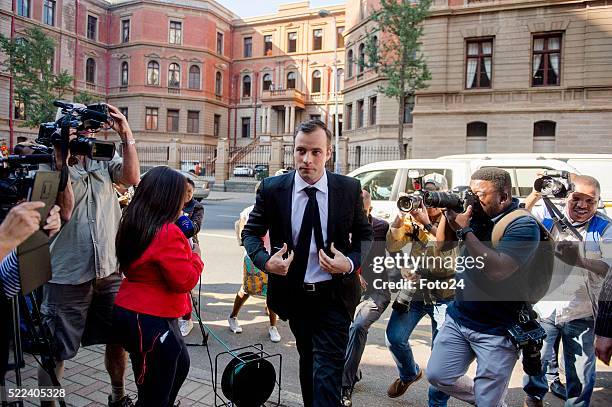 Convicted murderer Oscar Pistorius arrives in court for his appearance for a postponement of his sentencing hearing at the North Gauteng High Court...