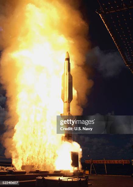 In this handout from the U.S. Navy, Standard Missile-3 is launched February 24, in Kauai, Hawaii. The event, which occurred some 100 miles from the...