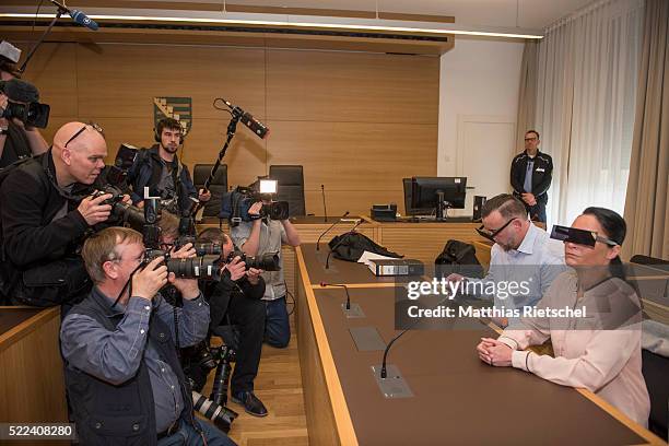 Lutz Bachmann, wearing black glasses, founder of the Pegida movement, and his wife Vicky, wait for the beginning of the first day of his trial to...
