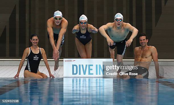 Kirsty Gallacher, Michael Jamieson, Siobhan O'Conner, James Guy and Gethin Jones pose for the camera's during the Speedo "Dive In" launch at Aquatics...