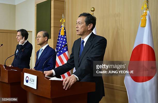 Japanese Vice Foreign Minister Akitaka Saiki speaks as South Korean Vice Foreign Minister Lim Sung-Nam and US Deputy Secretary of State Tony Blinken...