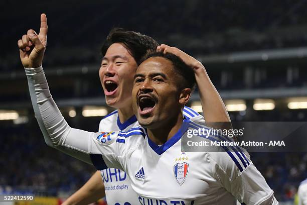 Santos of Suwon Samsung Bluewings celebrates after scoring a goal to make it 0-1 during the AFC Champions League Group G match between Gamba Osaka...