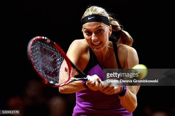 Petra Kvitova of Czech Republic plays a backhand in her match against Louisa Chirico of the United States during Day 2 of the Porsche Tennis Grand...