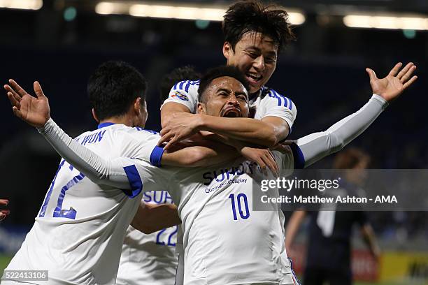 Santos of Suwon Samsung Bluewings celebrates after scoring a goal to make it 0-2 during the AFC Champions League Group G match between Gamba Osaka...