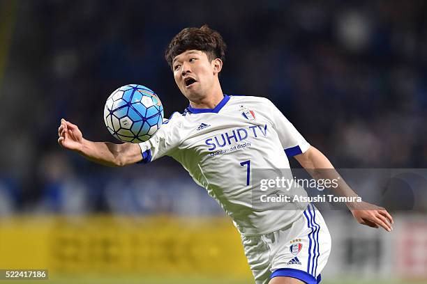 Lee Sang-Ho of Suwon Samsung Bluewings FC plays with his hand during the AFC Champions League Group G match between Gamba Osaka and Suwon Samsung...