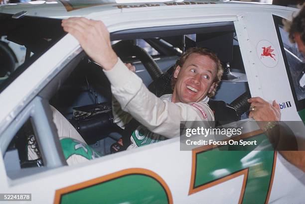 Rusty Wallace talks from the driver's seat of his Kodiak car during the Daytona 500 at the Daytona Speedway on February 19, 1989 at Daytona Beach,...