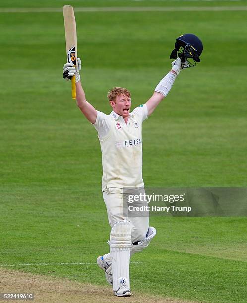 Liam Norwell of Gloucestershire celebrates after reaching his maiden century during Day Three of the Specsavers County Championship Division Two...