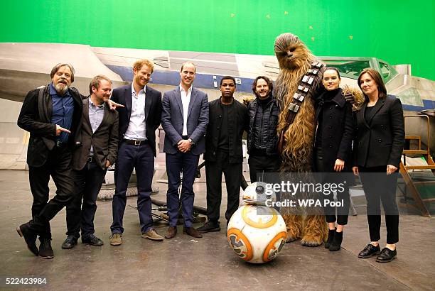 Actor Mark Hamill, US director Rian Johnson, Britain's Prince Harry, Britain's Prince William, Duke of Cambridge and British actor John Boyega, pose...