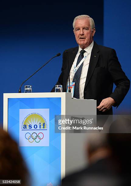 Sir Craig Reedie WADA President and Vice President of the IOC addresses the ASOIF General Assembly during the third day of SportAccord Convention at...